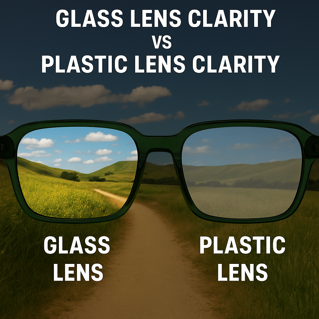Side-by-side view through sunglasses lenses showing crystal-clear tempered glass lens on the left vs blurred plastic lens on the right – Noggah Premium Sunglasses