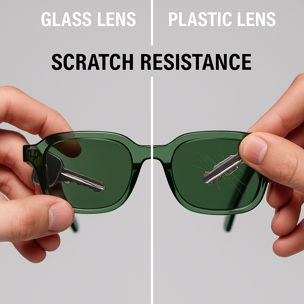 Comparison of sunglasses lenses showing scratch-resistant tempered glass lens on the left vs scratched plastic lens on the right – Noggah Premium Sunglasses